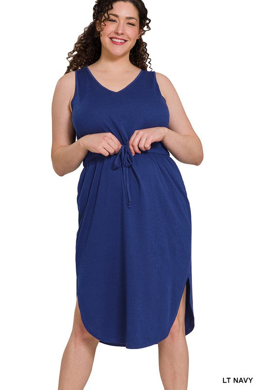 Poly Cotton Drawstring Waist Curved Hem Dress | Plus Size Poly Cotton Drawstring Waist Curved Hem Dress | Plus Size Dress The Shop Room